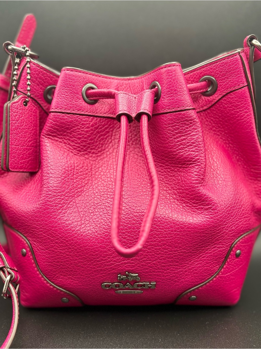 Coach Mickie Fuchsia Pebbled Leather Drawstring Crossbody Bag